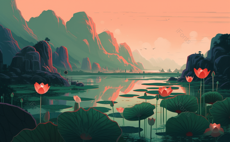 国潮风映日荷花红插画背景绿色,插画/手绘图,插画/手绘图库,插画/手绘图下载,插画/手绘